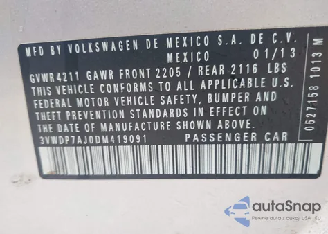 2013 Volkswagen Jetta 2.5L Se z USA, uszkodzony, nr VIN 3VWDP7AJ0DM419091